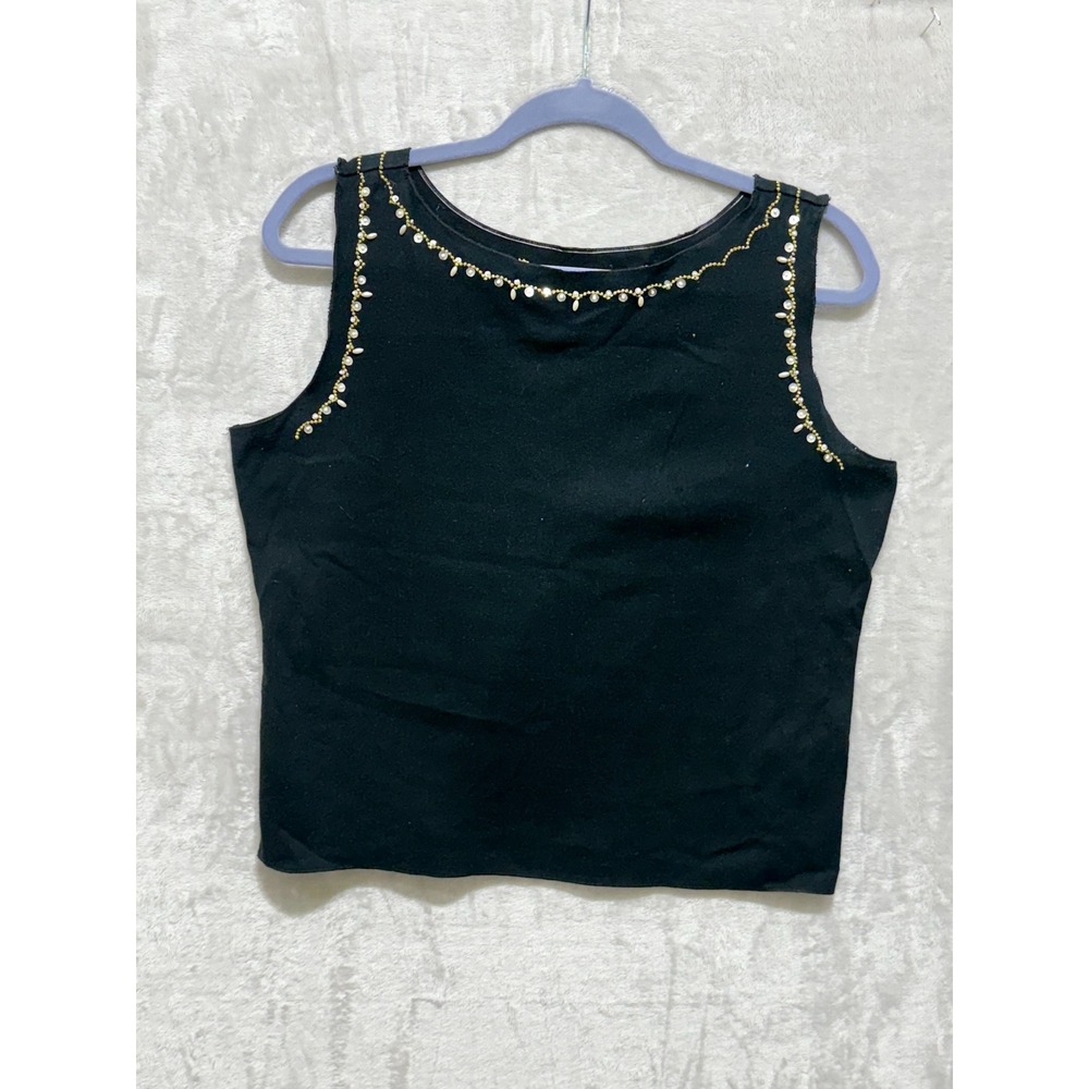 Dressbarn Tank Top Womens XL Black Sleeveless Embellished Beaded Casual‎
